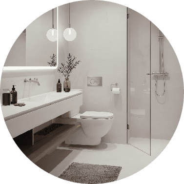 Cuarto de baño moderno con mueble de baño suspendido, inodoro suspendido, mampara de ducha de cristal, un espejo grande, dos lámparas colgantes y una decoración minimalista.