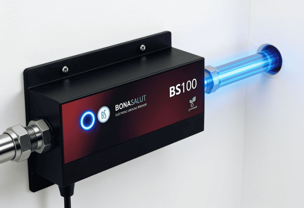 Un dispositivo electrónico negro y rojo con la inscripción «BONASALUT BS100» está fijado a una pared blanca, con un tubo azul luminoso que sale de un lado del mismo y se adentra en la pared.