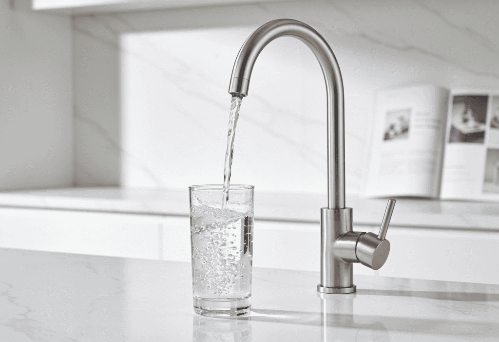 Se está llenando un vaso con agua procedente de un moderno grifo de cocina de acero inoxidable situado sobre una encimera de mármol blanco.
