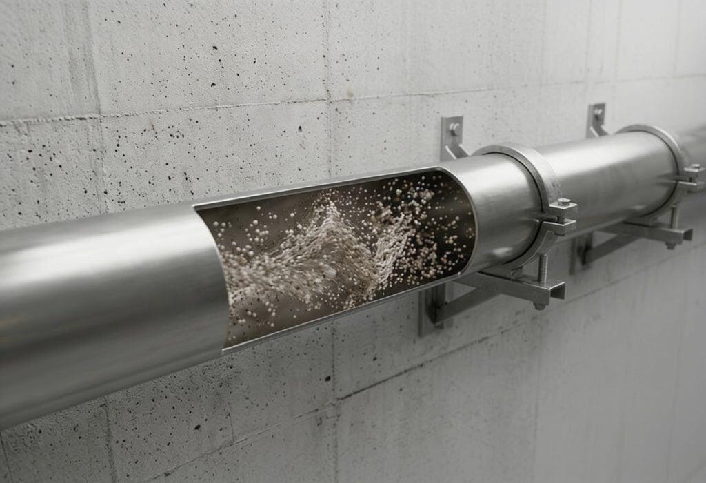 Un tubo metálico fijado a la pared presenta una sección transversal en la que se ven partículas blancas circulando por su interior.